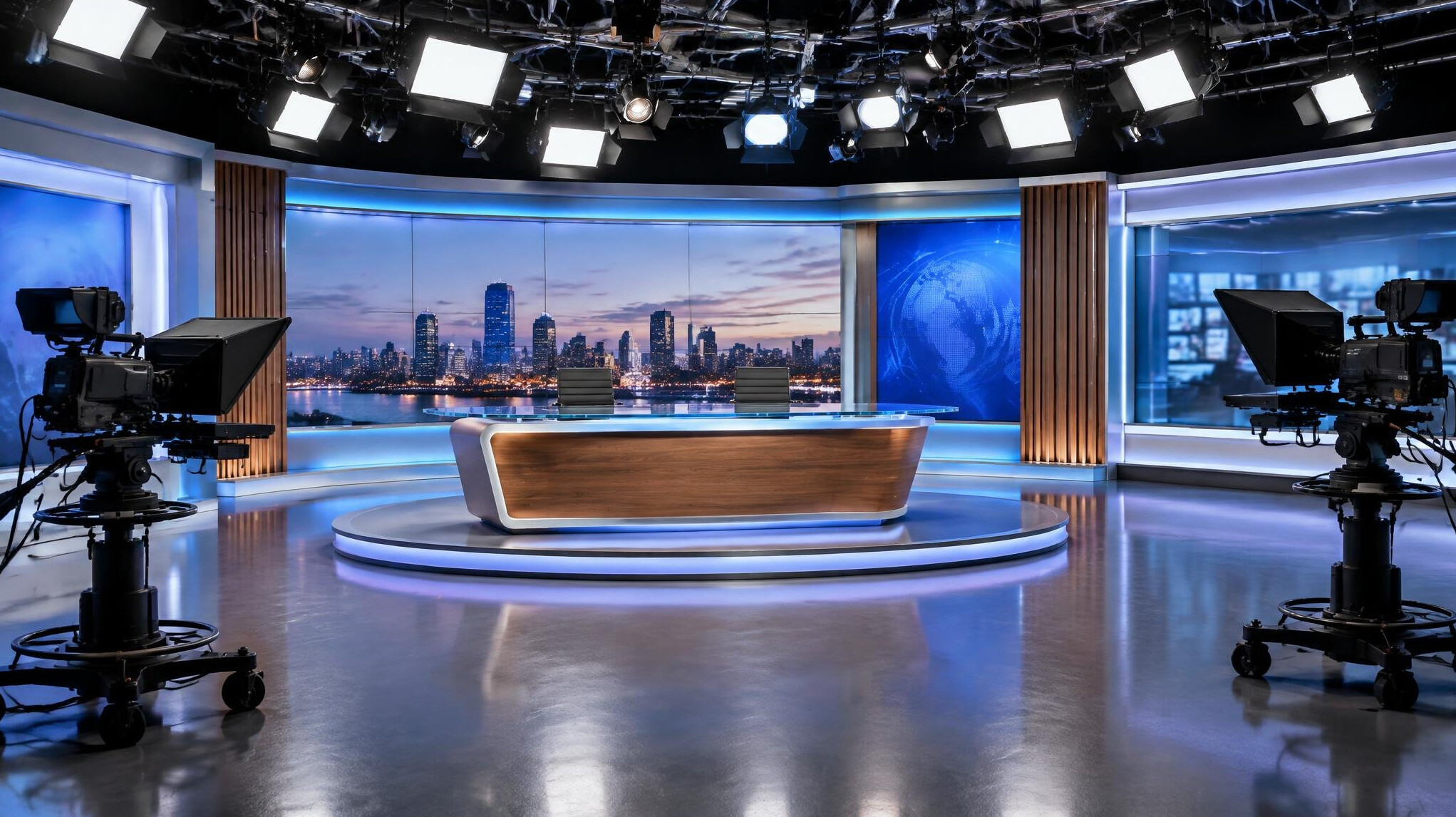 Television studio floor with lighting rigs