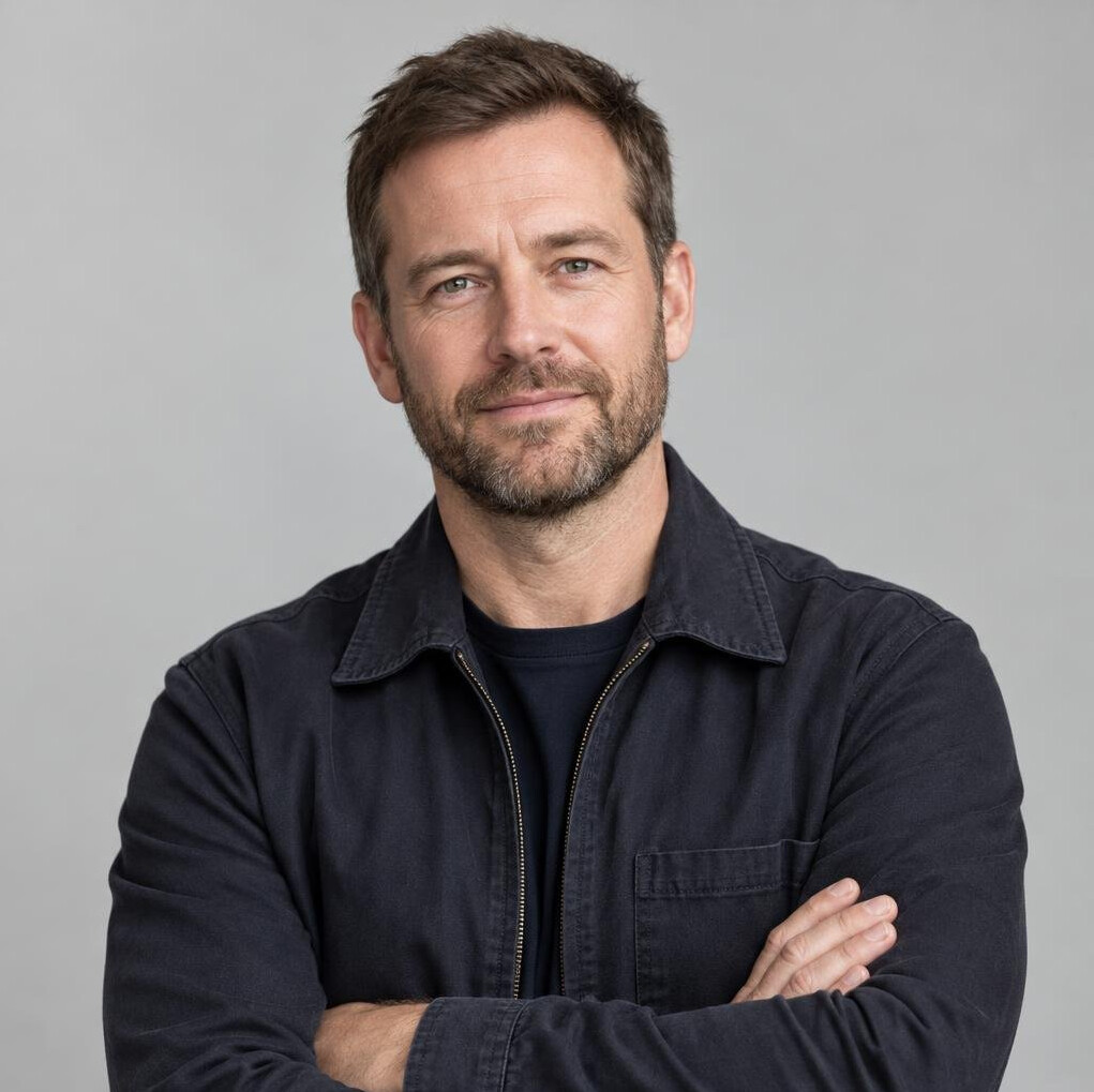 Portrait of a smiling bearded man in a casual jacket