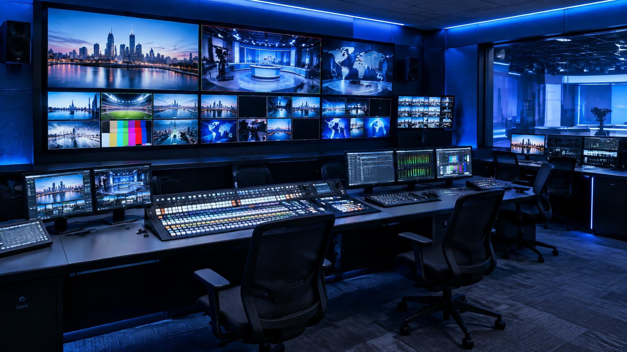 Television production control room with banks of monitors