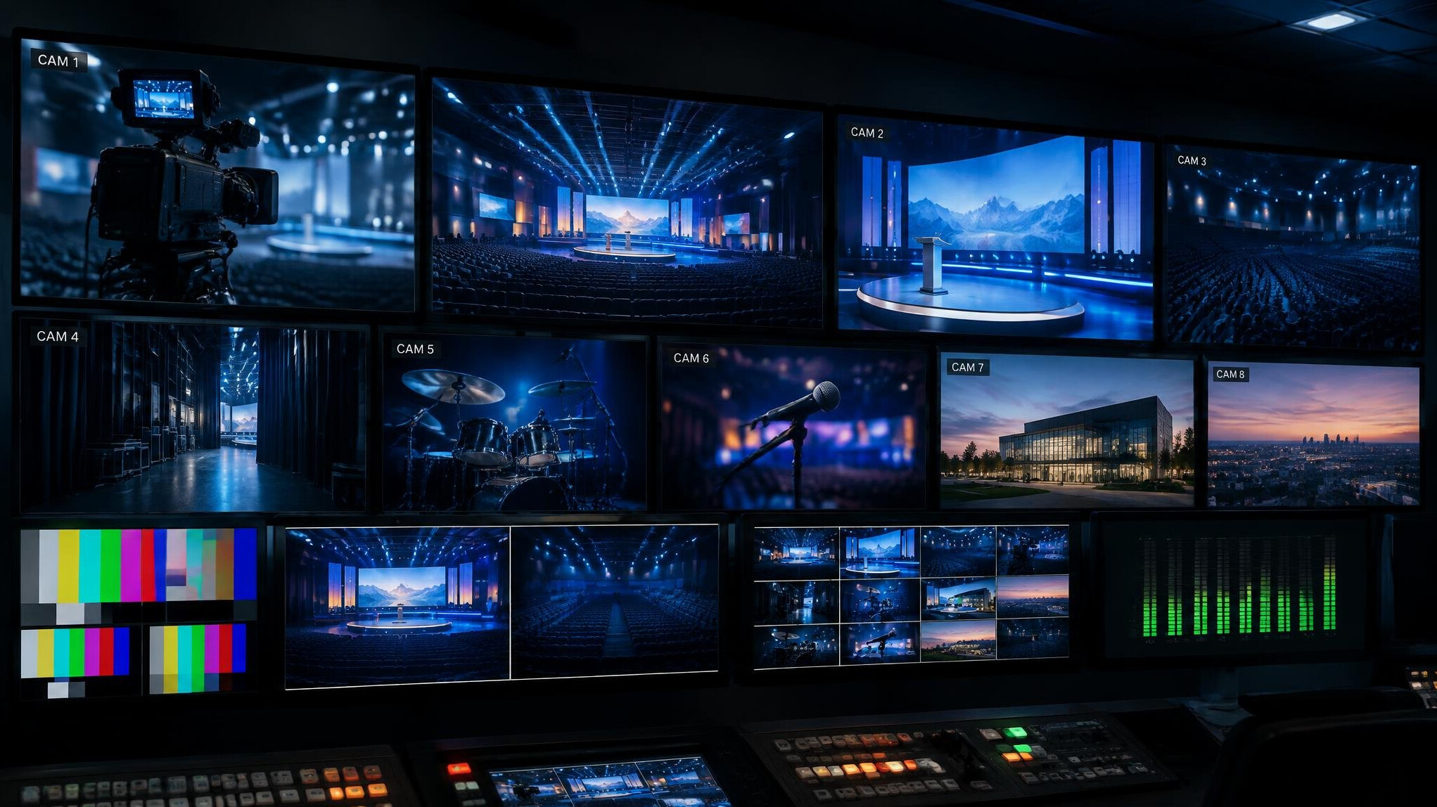 Rows of preview monitors in a production gallery