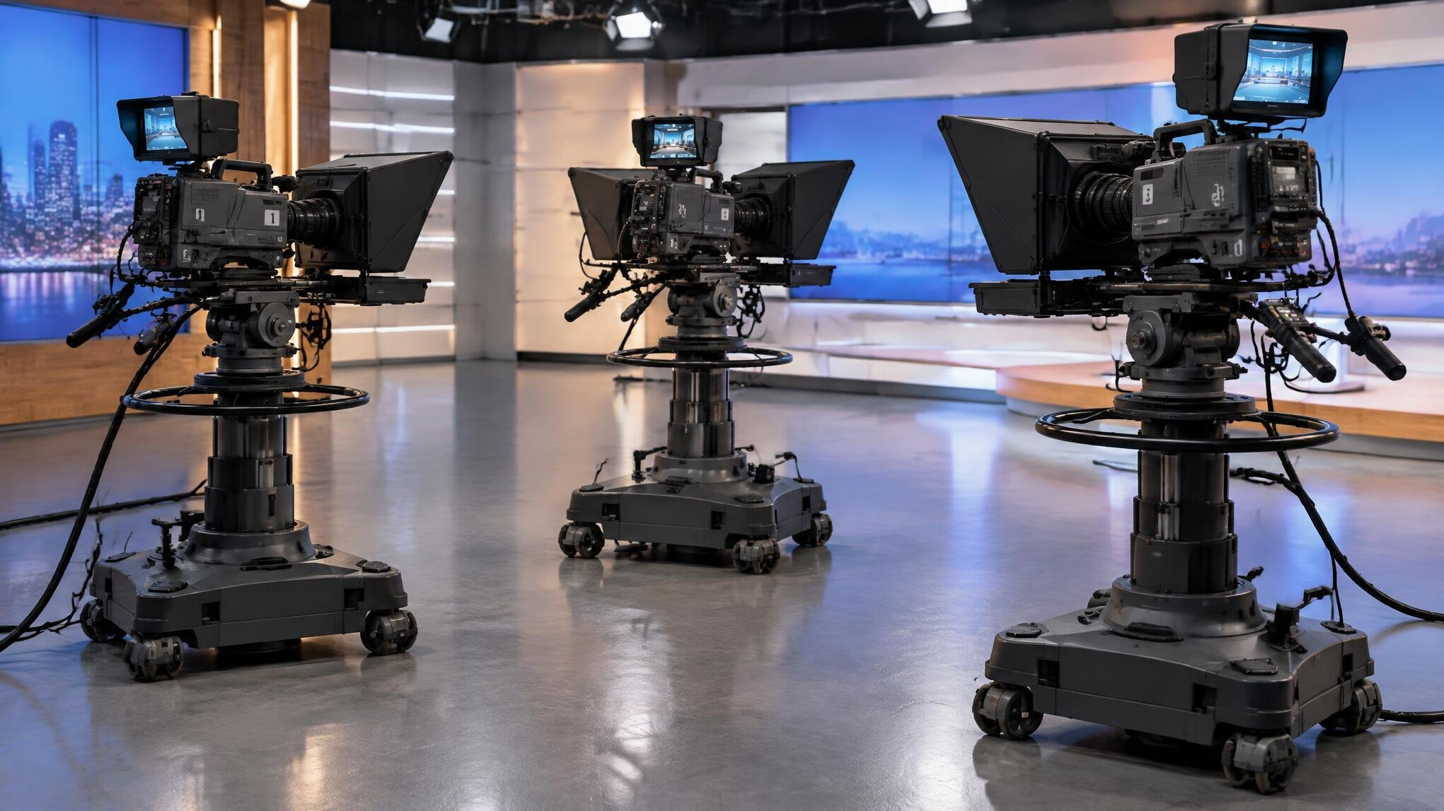 Professional studio cameras on a television set